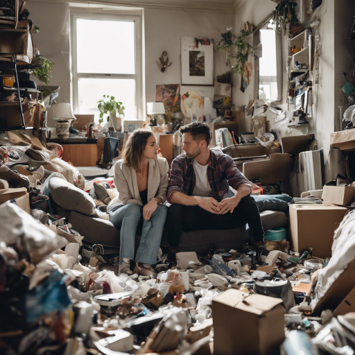 a couple sitting on a couch facing each other sitting in the middle of a disastrous cluttered floor, cluttered living room area.
